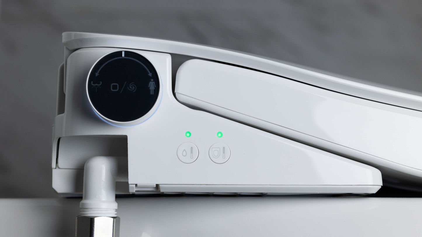 Nova Bidet Ultra NOVA toilet seat side view showing control panel and auto flush features.