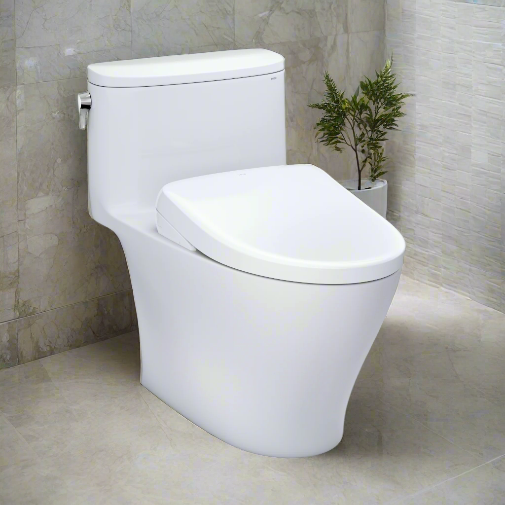 White toilet in a bathroom with tiled walls and a plant.