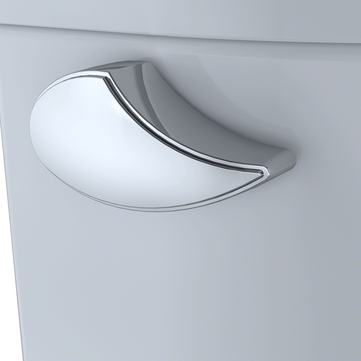 Close-up of the chrome handle on the TOTO Carolina II Washlet+ S7A Bidet Toilet, showcasing its sleek design.