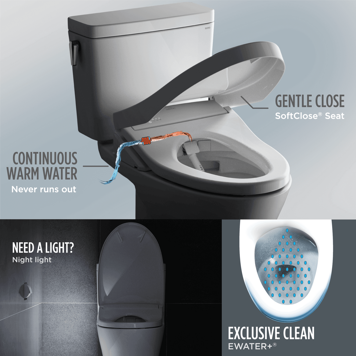 Toilet with SoftClose seat and additional features on a gray background