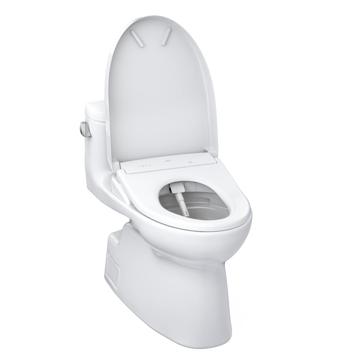 White toilet with open lid on a white background