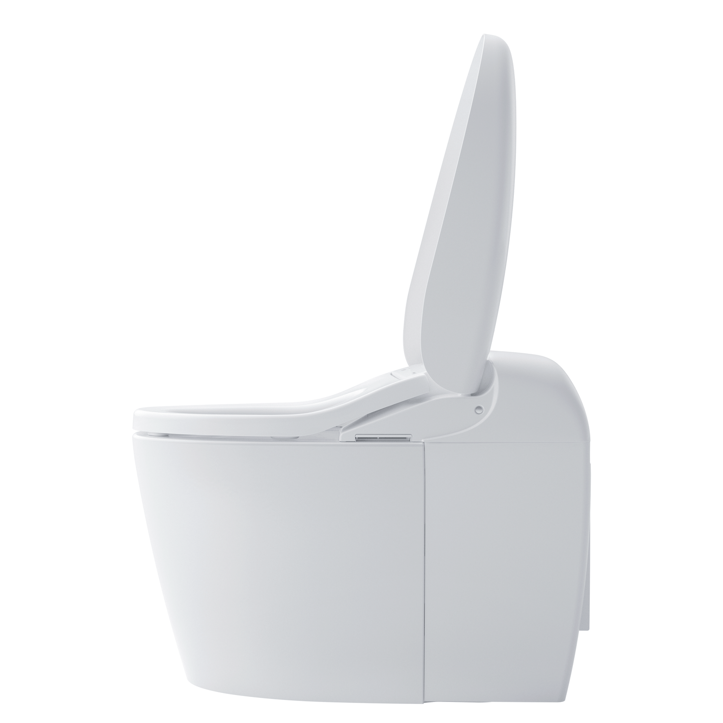 White toilet with open lid on a white background
