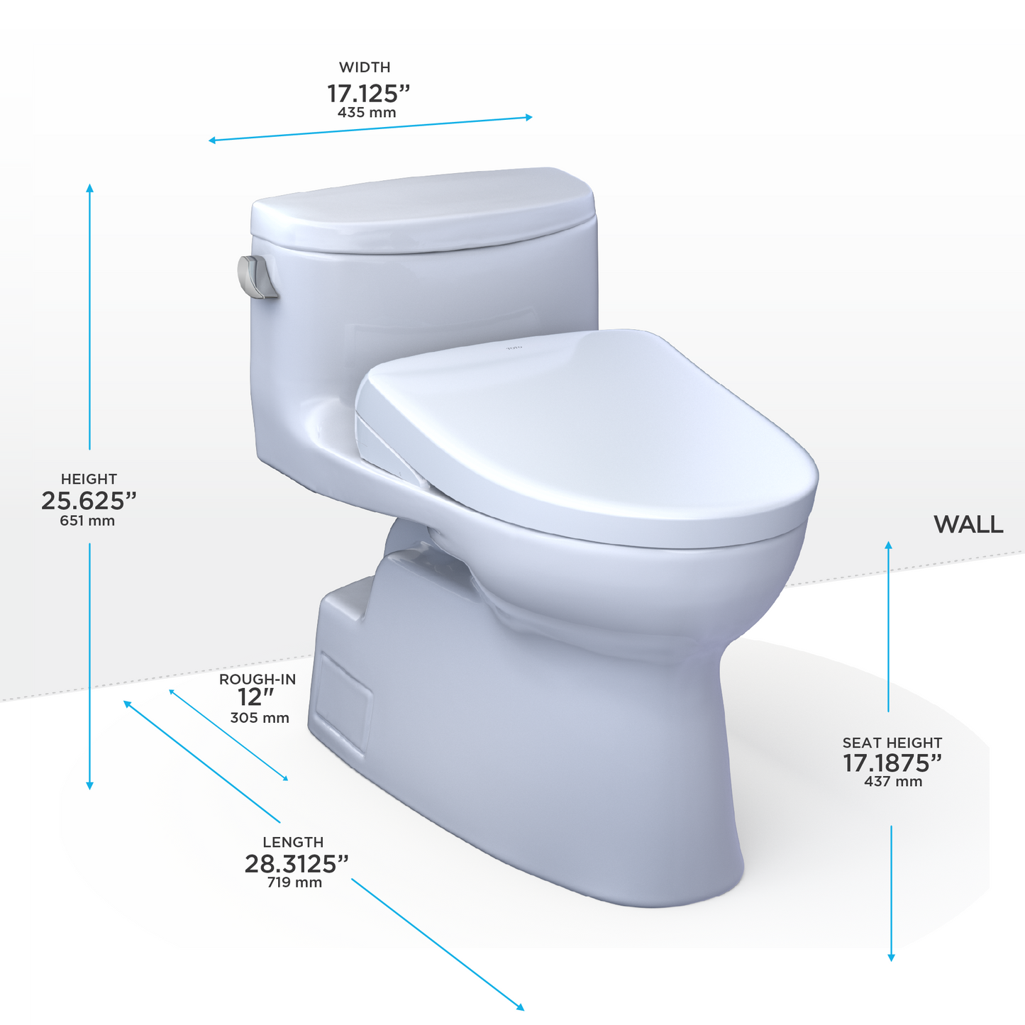 White toilet on white background with dimensions labeled