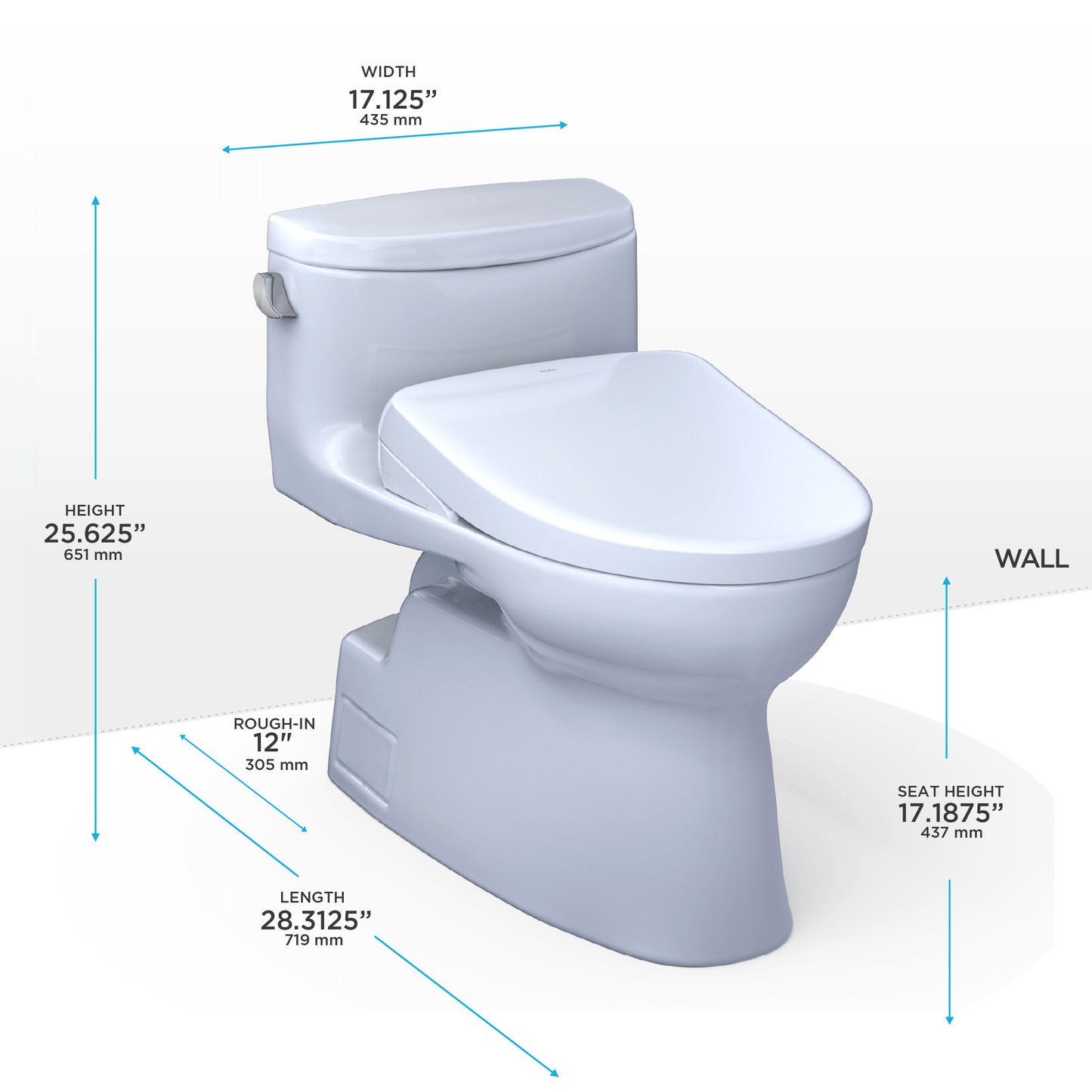 TOTO Carolina II Washlet+ S7A bidet toilet showcasing dimensions: height 25.625", width 17.125", length 28.3125".