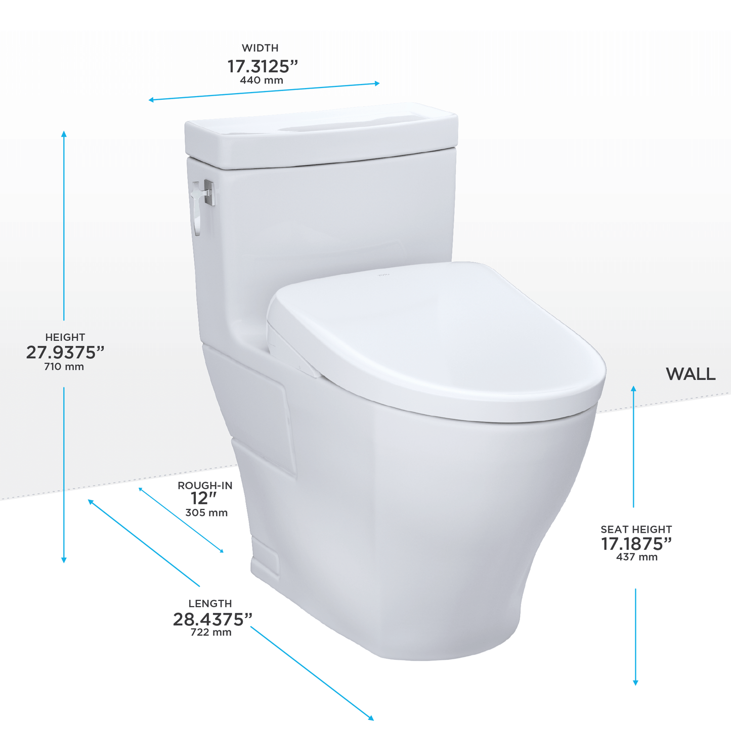 TOTO Aimes Washlet+ S7 bidet toilet dimensions with height, width, length, and seat height measurements.