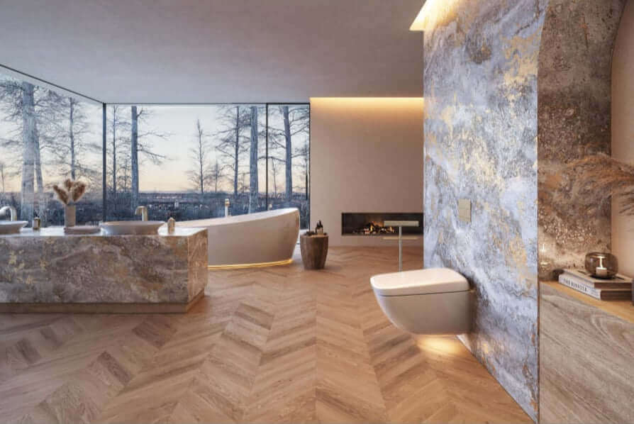Toilet mounted on marble wall with night light shining below it