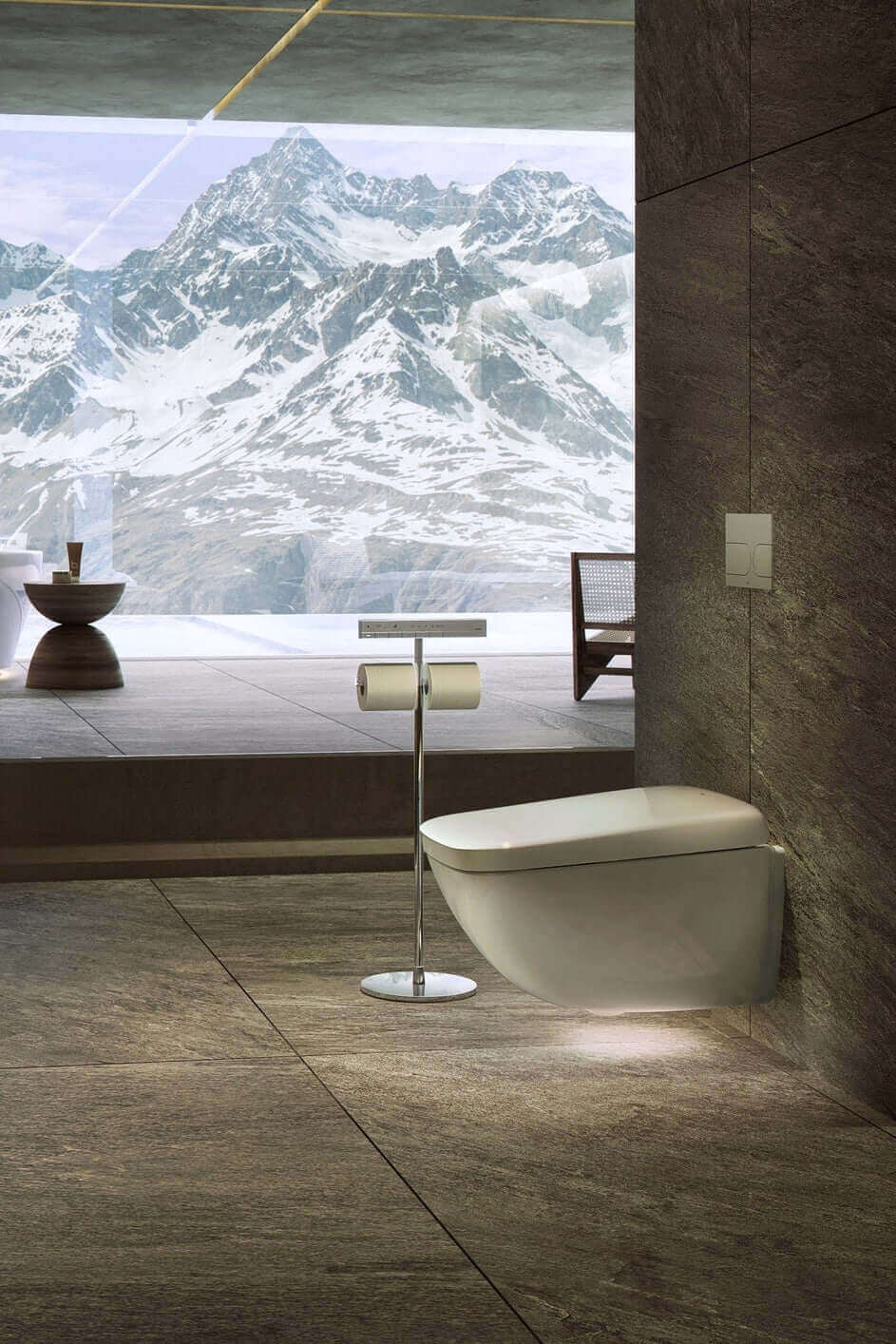 Modern bathroom with a toilet and mountain view
