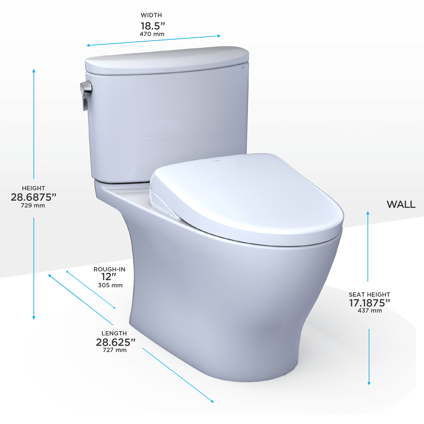 TOTO Nexus 1G Washlet+ S7A bidet toilet dimensions with height, width, and length specifications.