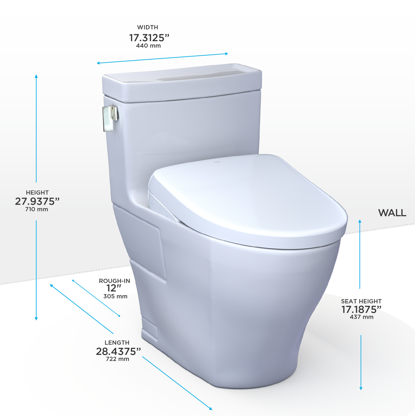 White toilet on white background with dimensions labeled