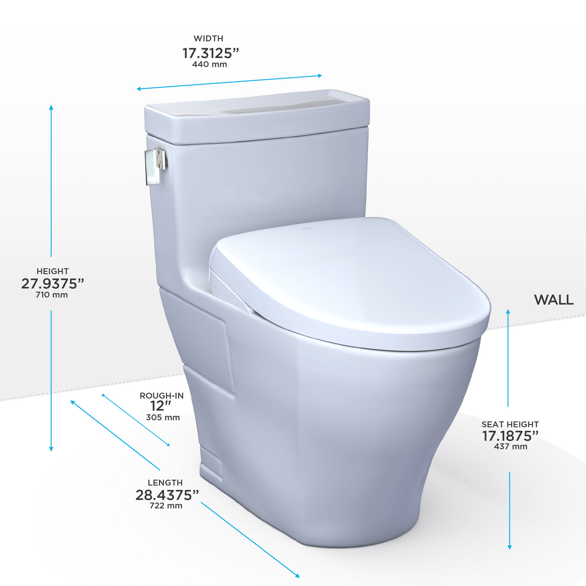 White toilet on white background with dimensions labeled