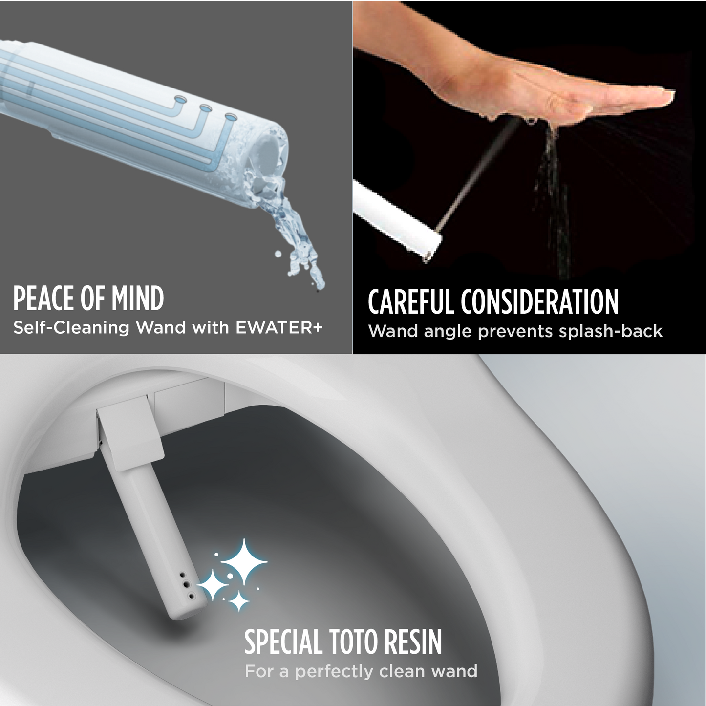 Self-cleaning wand with E-WATER+ technology for toilet cleaning, featuring text on peace of mind, careful consideration, and special Toto resin.