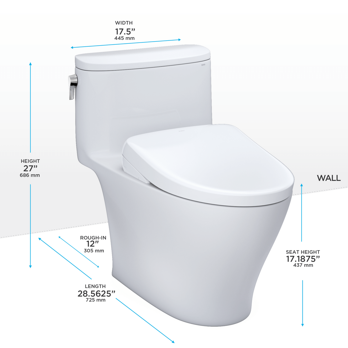 White toilet on white background with dimensions labeled