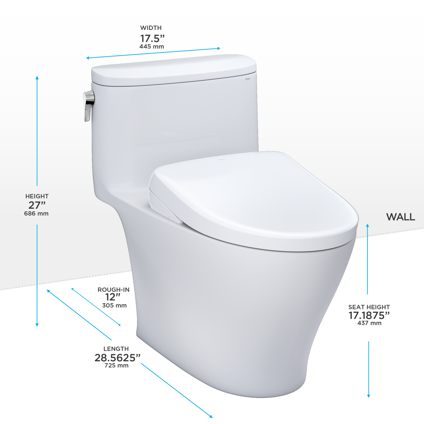 White toilet on white background with dimensions labeled