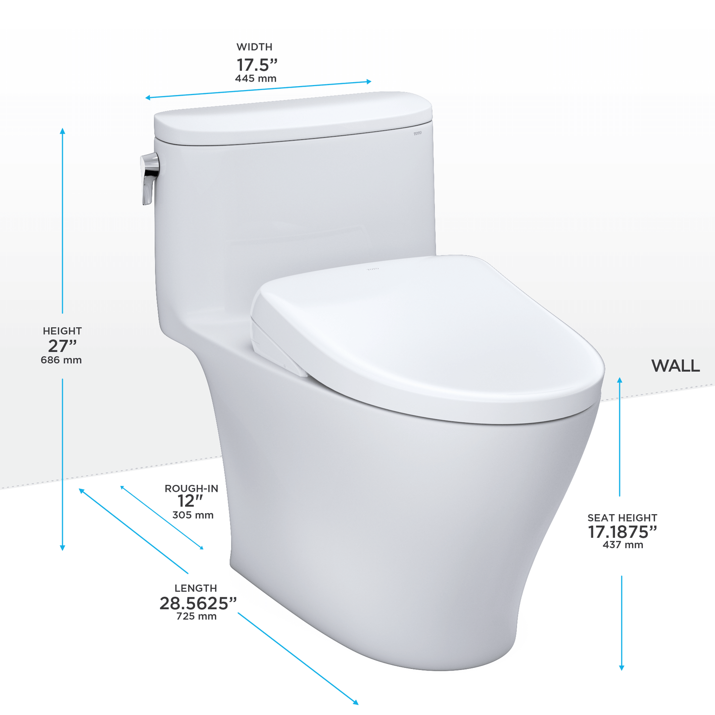 TOTO Nexus Washlet+ S7 Bidet Toilet dimensions including height, width, length, and seat height details.