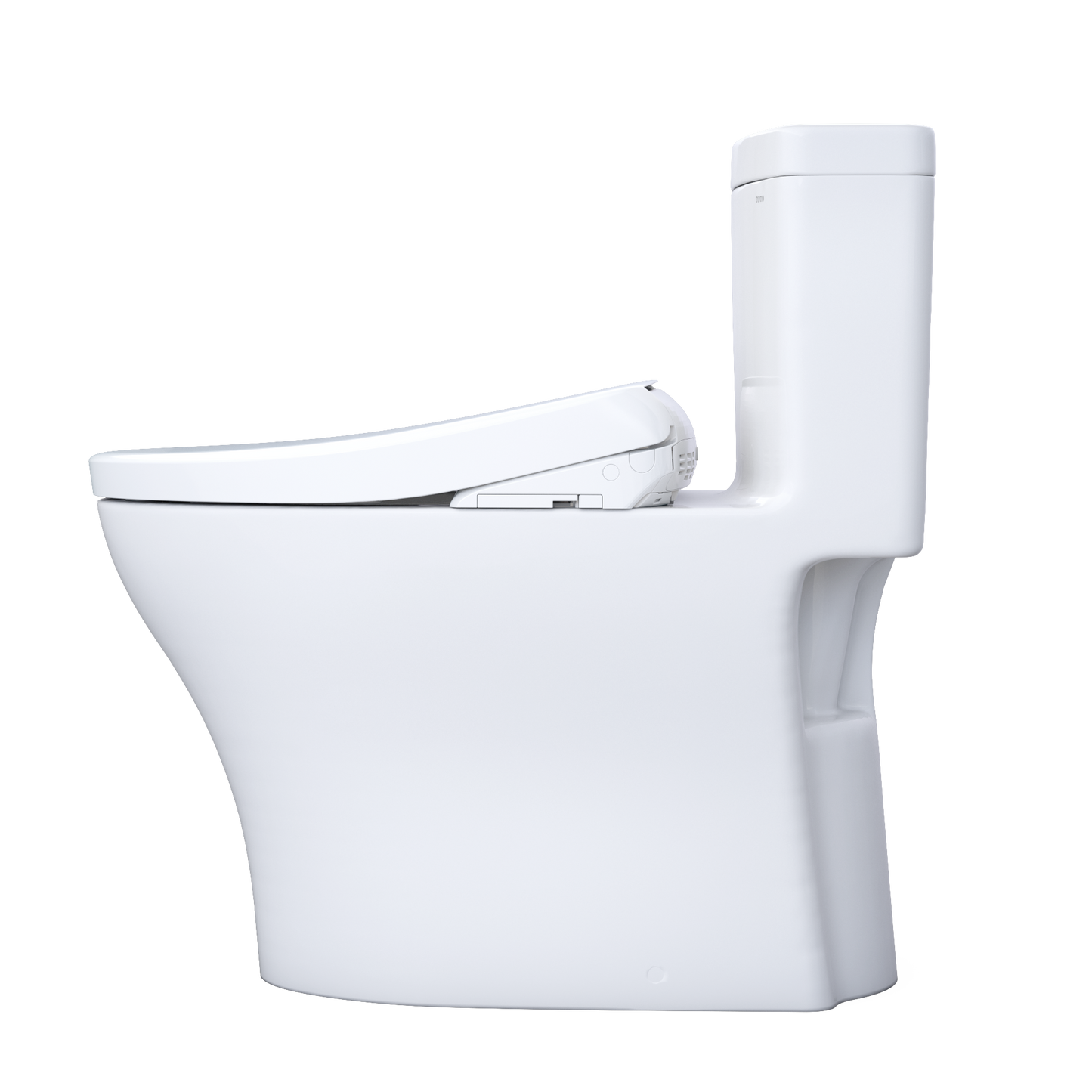 White toilet with seat on a white background