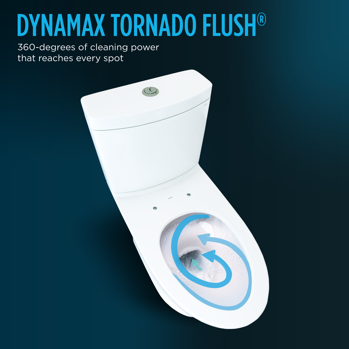 White toilet with blue arrows indicating cleaning power on a dark blue background, featuring the Dynamax Tornado Flush product.