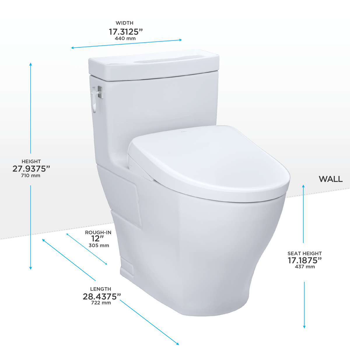 White toilet on white background with dimensions labeled