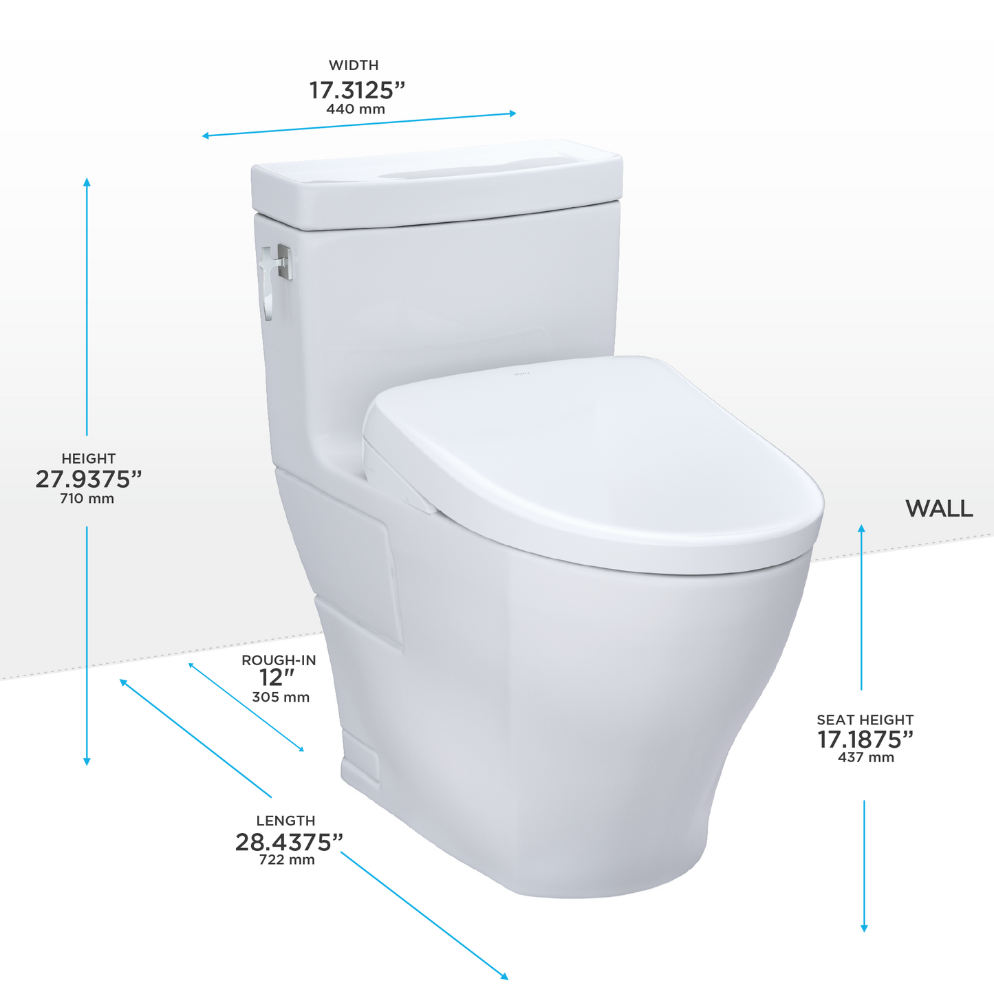 TOTO Aimes white toilet on white background with dimensions labeled