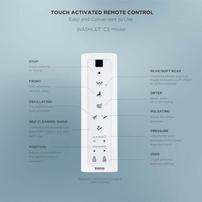 TOTO WASHLET C5 bidet toilet seat remote control with touchpad features and easy operation guide.