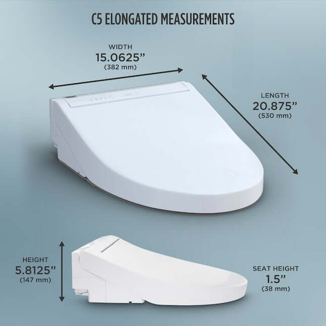 Diagram showing TOTO Washlet C5 bidet toilet seat elongated measurements: 15.0625" width, 20.875" length, 5.8125" height, 1.5" seat height.