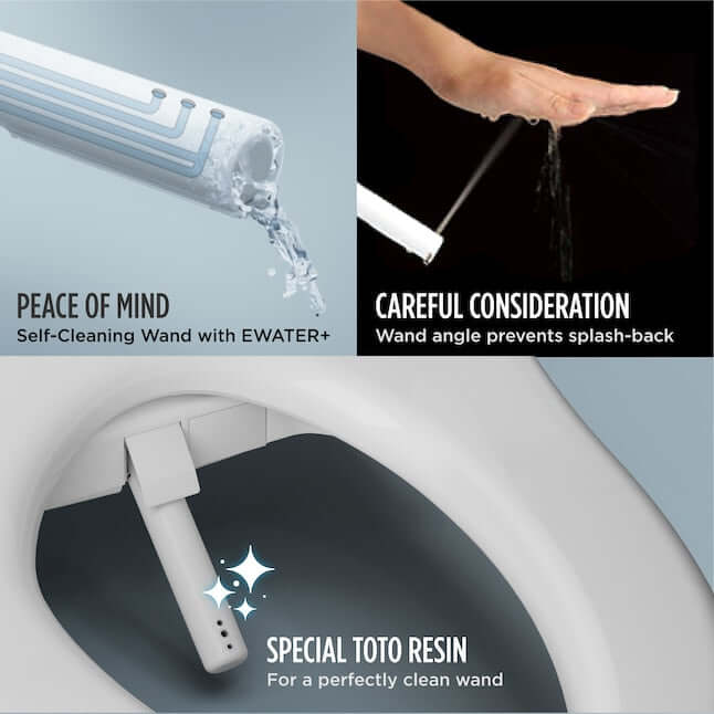 TOTO Washlet C5 Bidet features self-cleaning wand, splash-back prevention, and TOTO resin for hygiene.