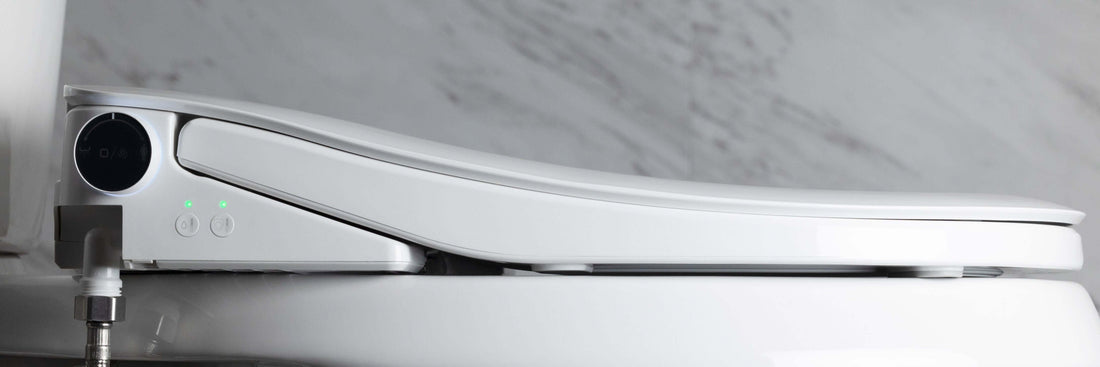Raising the Bar on Bidets: Ultra Nova Plus bidet attachment side view with control panel.