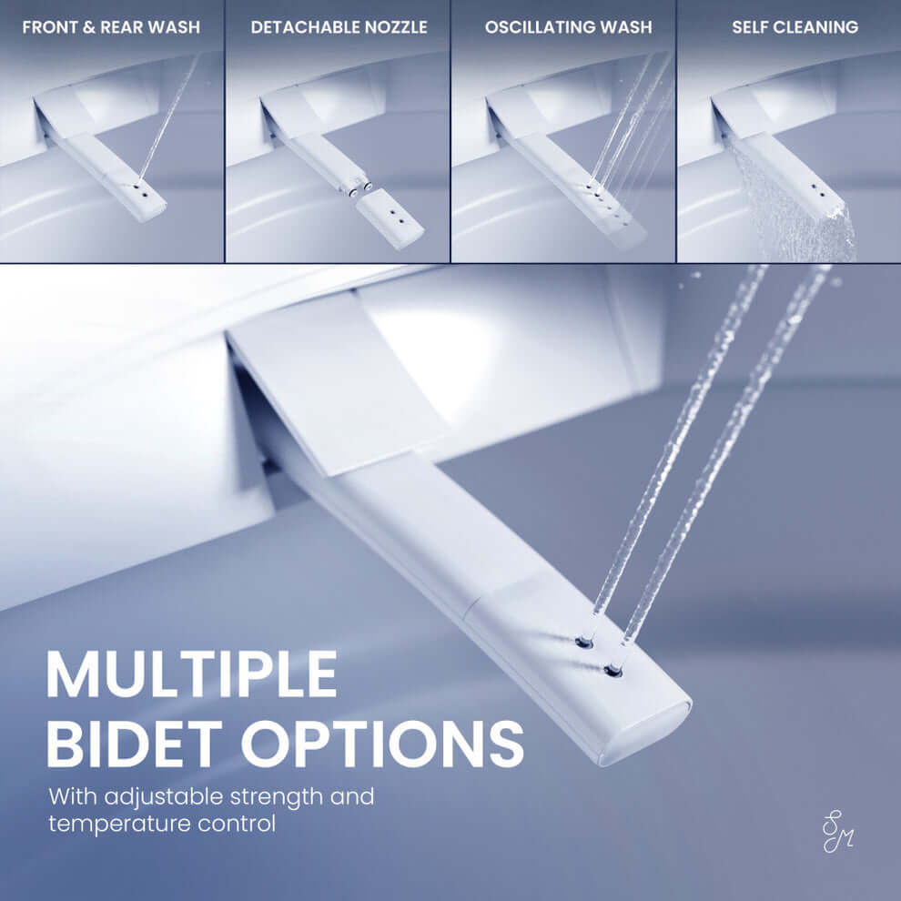 Swiss Madison Viro V15 Signature Smart Bidet Toilet showing multiple bidet options including front & rear wash and self-cleaning nozzle.