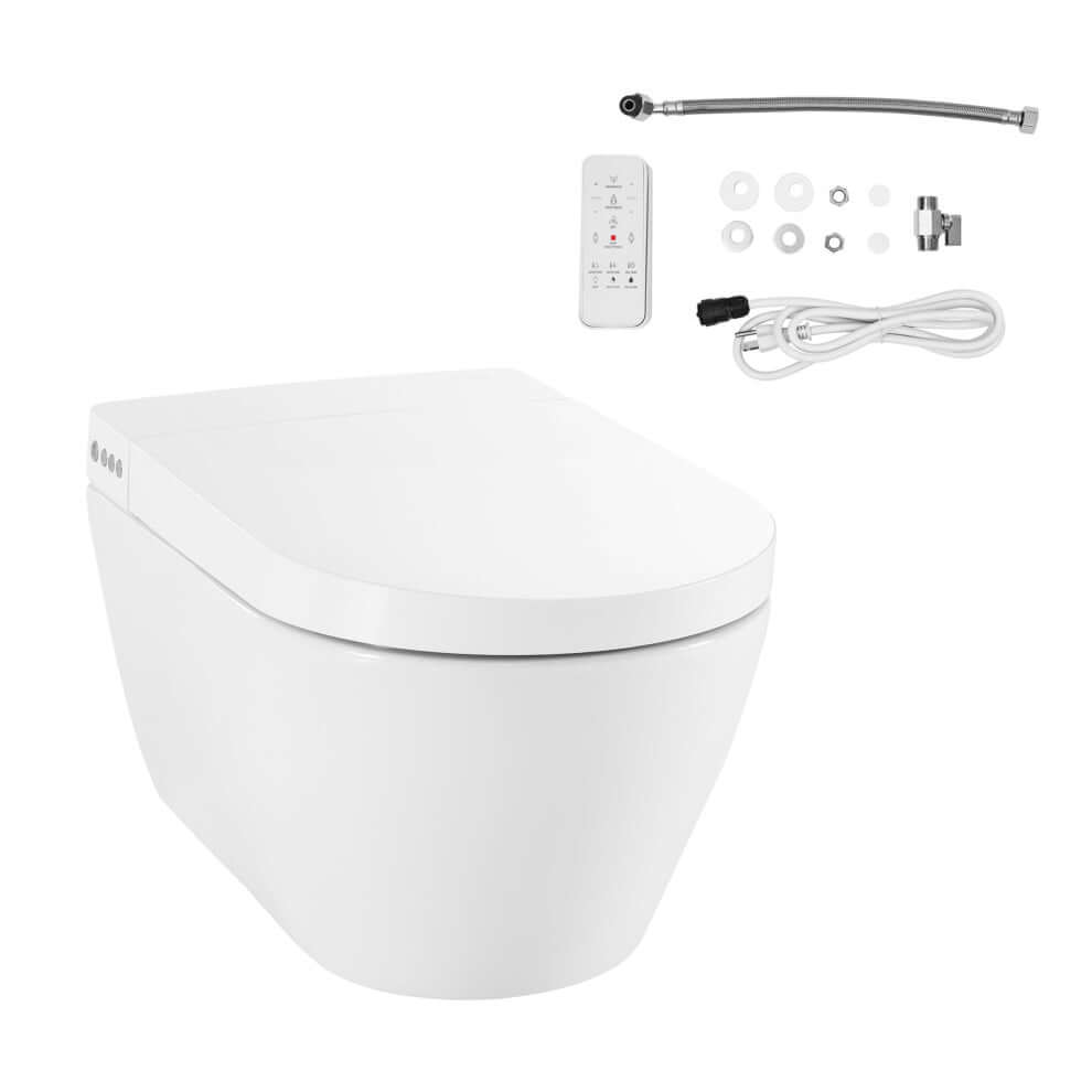 Swiss Madison Pur Wall-Hung Smart Bidet Toilet with remote control and installation accessories.