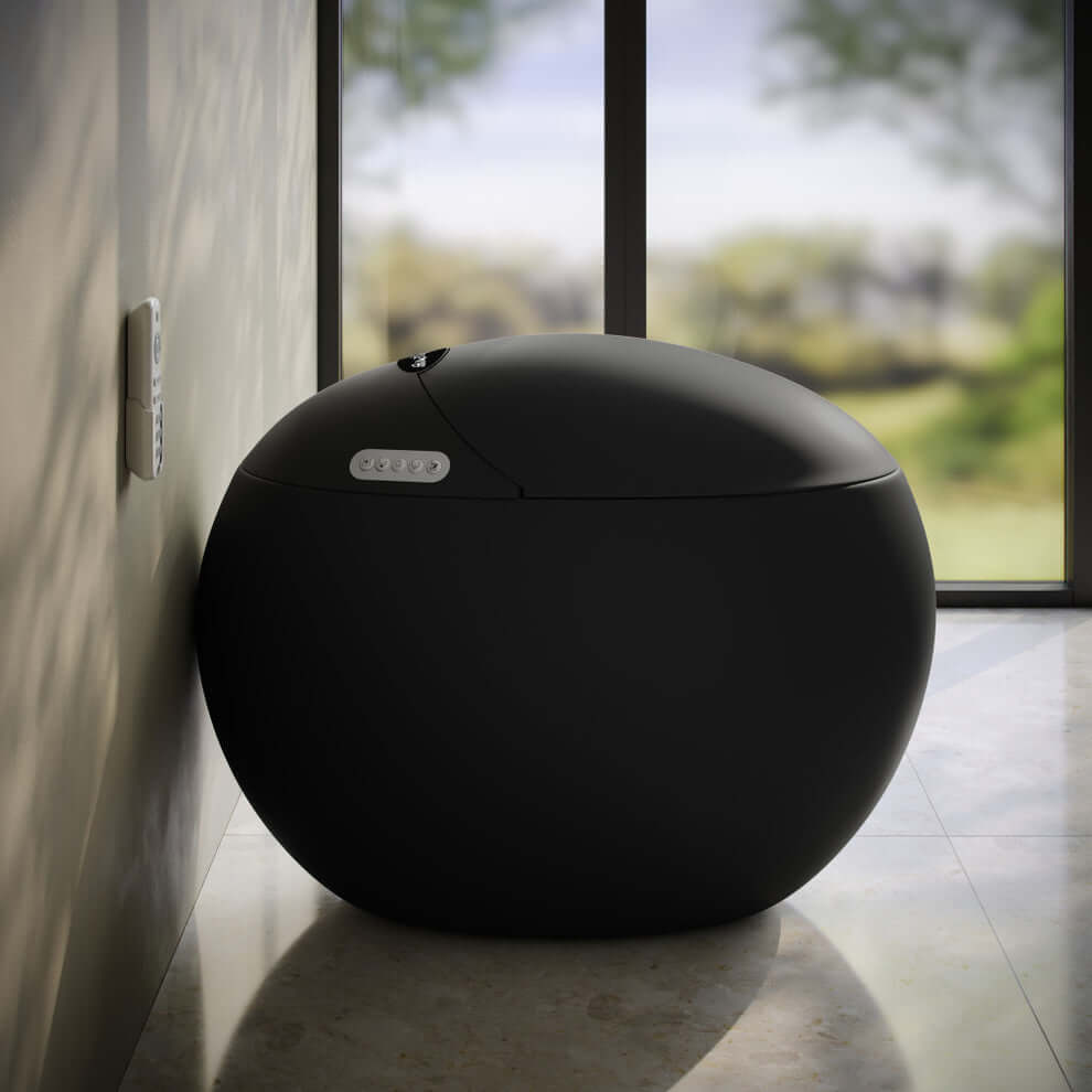 Swiss Madison Plaisir Round Smart Bidet Toilet with modern design and smart features against a window backdrop.