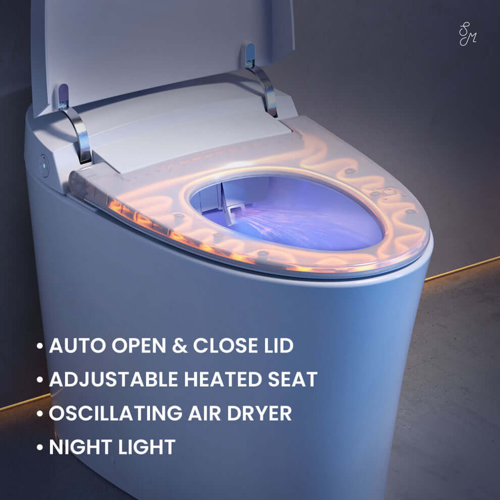 Swiss Madison Viro V10 Smart Bidet Toilet features auto open & close lid, adjustable heated seat, night light, and oscillating air dryer.