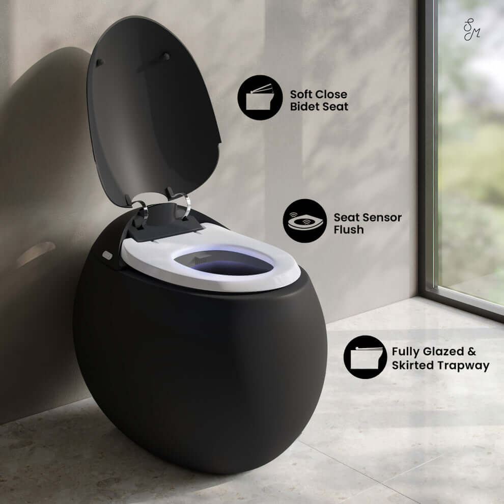 Swiss Madison Plaisir Round Smart Bidet Toilet with soft close bidet seat and seat sensor flush features.