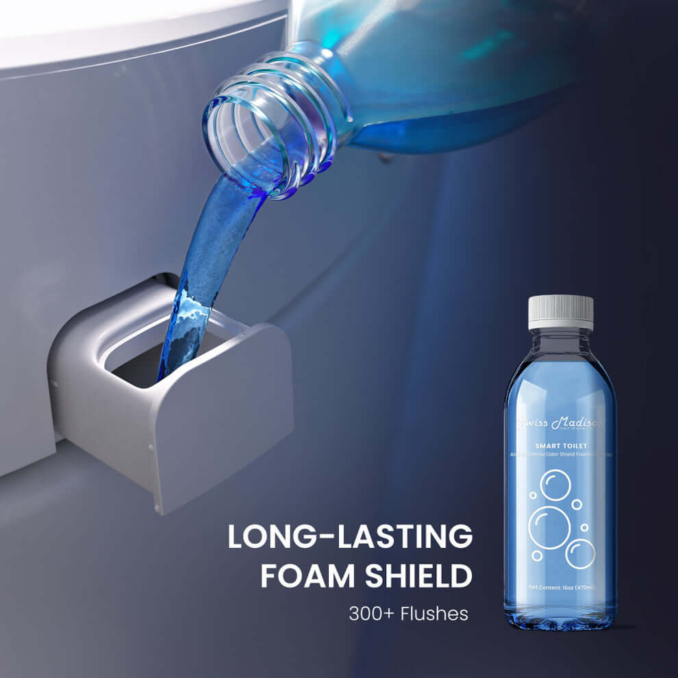 Swiss Madison Viro V20 Smart Bidet Toilet with blue liquid being poured for long-lasting foam shield.