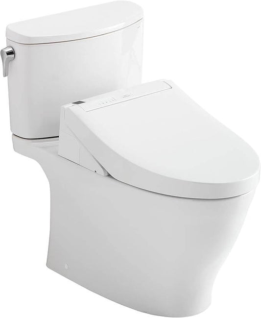 White toilet with bidet feature on a white background