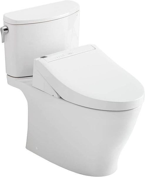 White toilet with bidet feature on a white background