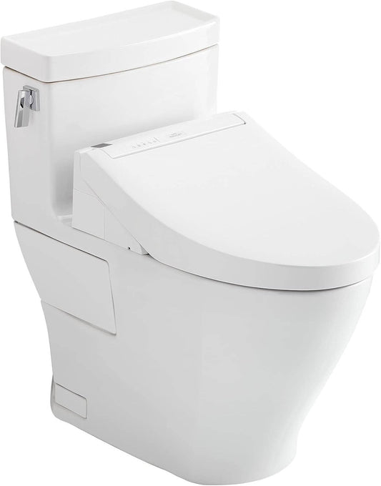 White toilet with seat cover on a white background