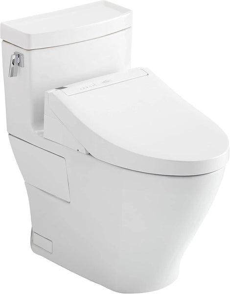 White toilet with seat cover on a white background