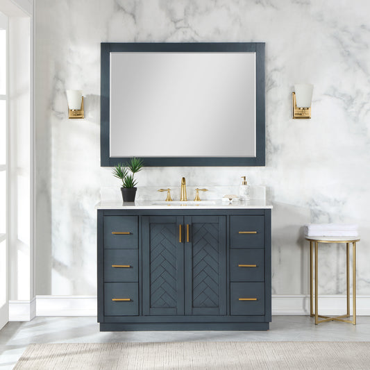 Altair Gazsi 48 Single Sink Bathroom Vanity in Charcoal Blue with Stone Top, featuring chevron-patterned doors.