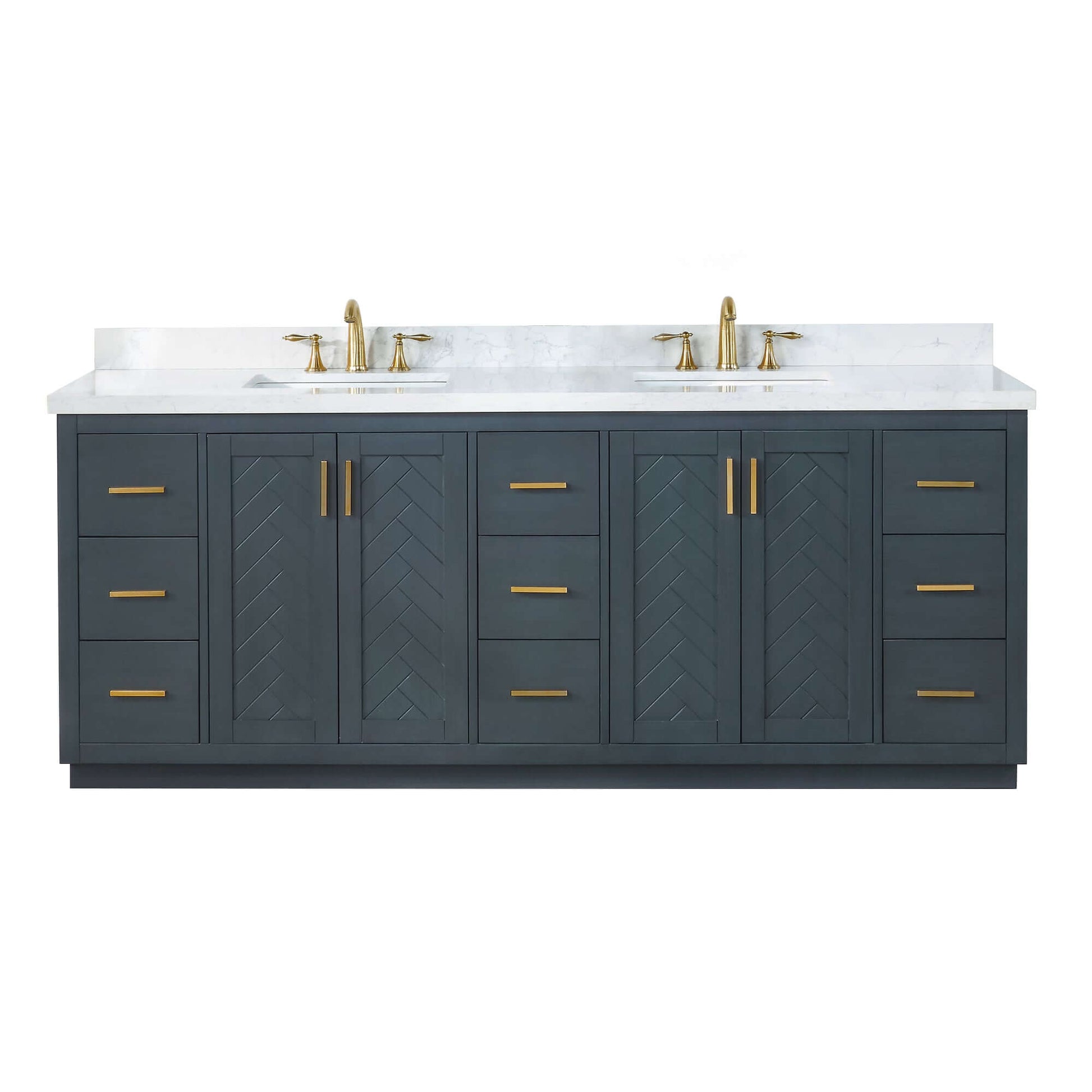 Altair Gazsi 84" free standing double basin vanity with solid wood cabinet and engineered stone top.