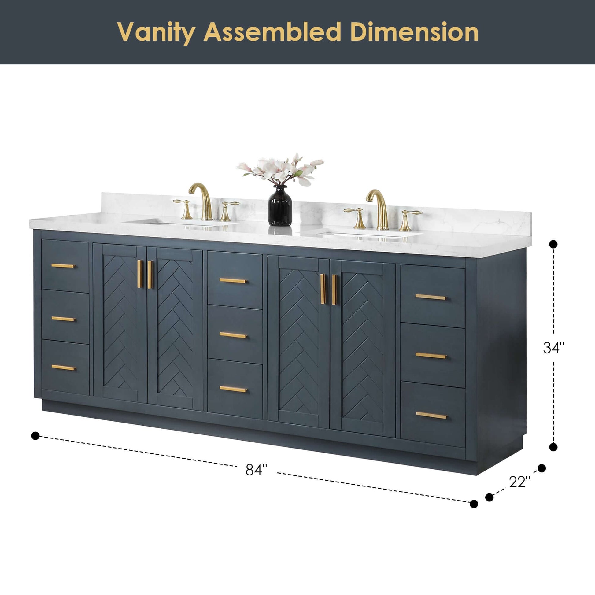 Altair Gazsi 84" Free Standing Double Basin Vanity with dimensions 84" x 34" x 22" and solid wood cabinet.