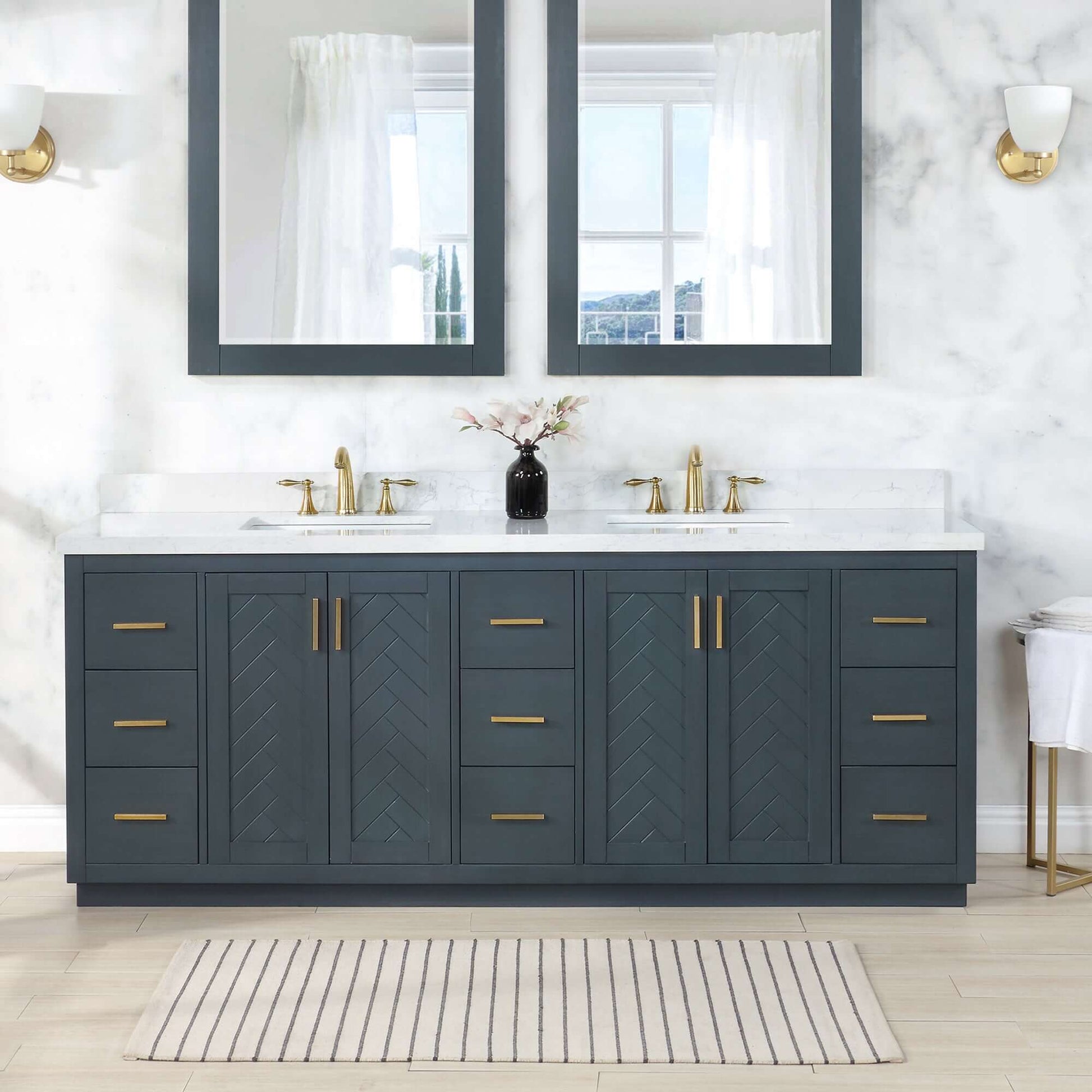 Altair Gazsi 84" Free Standing Double Basin Vanity with Solid Wood Cabinet in stylish bathroom setting.