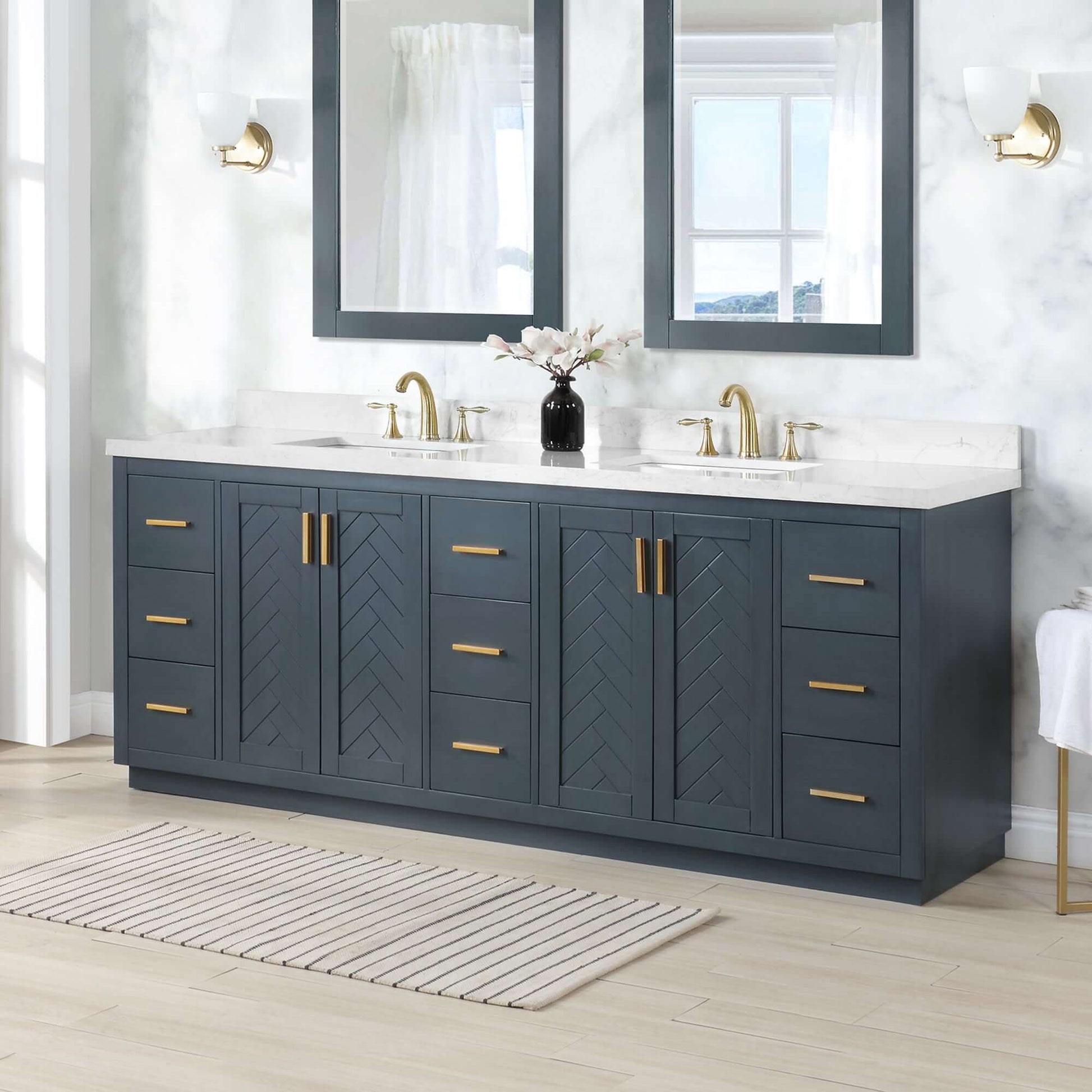 Altair Gazsi 84" Free Standing Double Basin Vanity with Solid Wood Cabinet and Engineered Stone Top in modern bathroom setting.