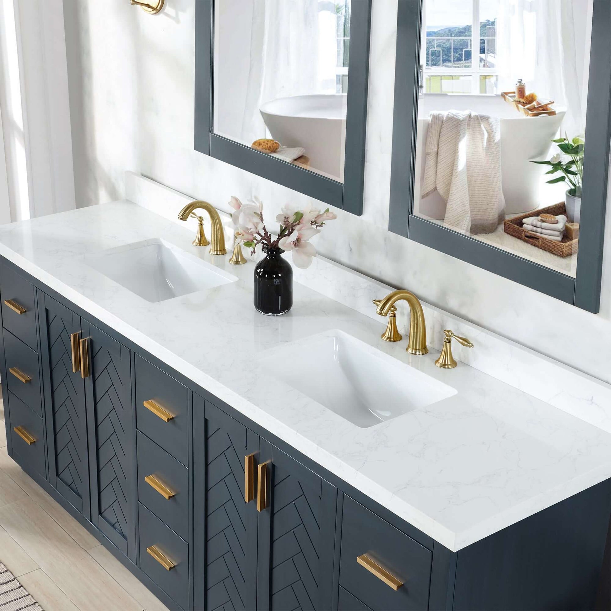 Altair Gazsi 84" Free Standing Double Basin Vanity with Solid Wood Cabinet and Engineered Stone Top