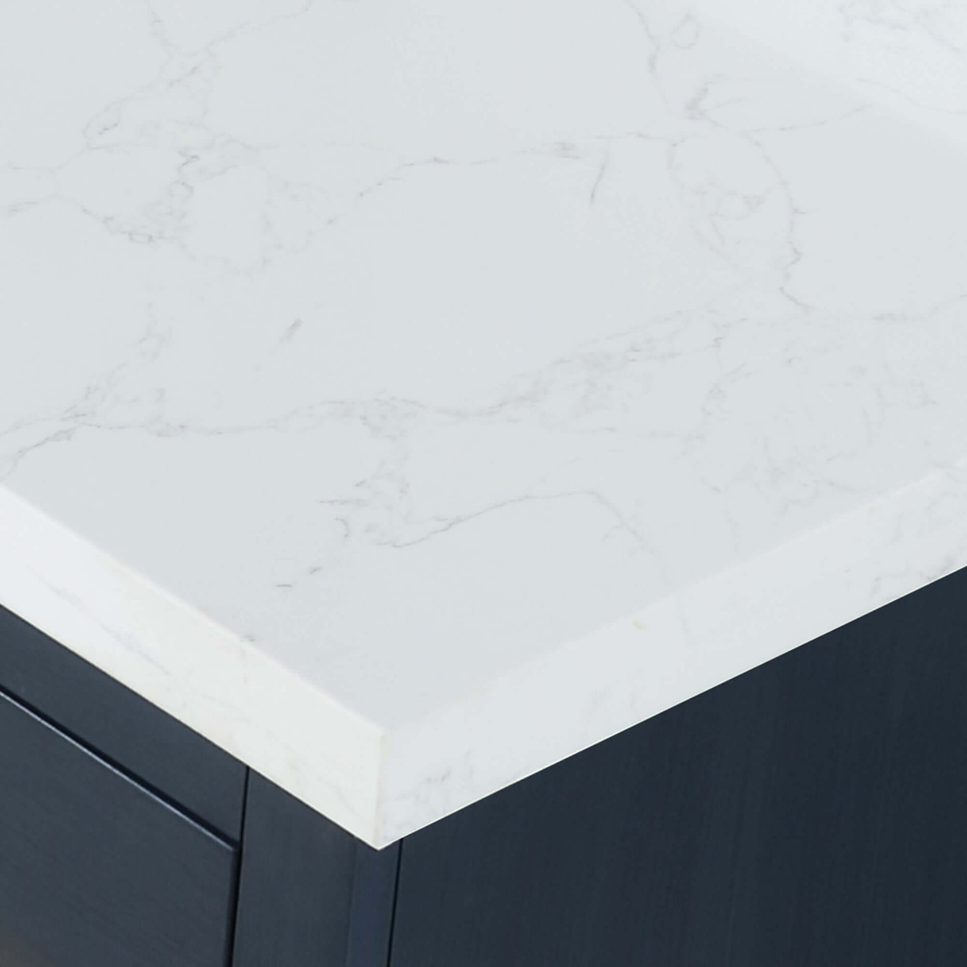 Close-up view of the engineered stone top on the Altair Gazsi 84" double basin vanity.