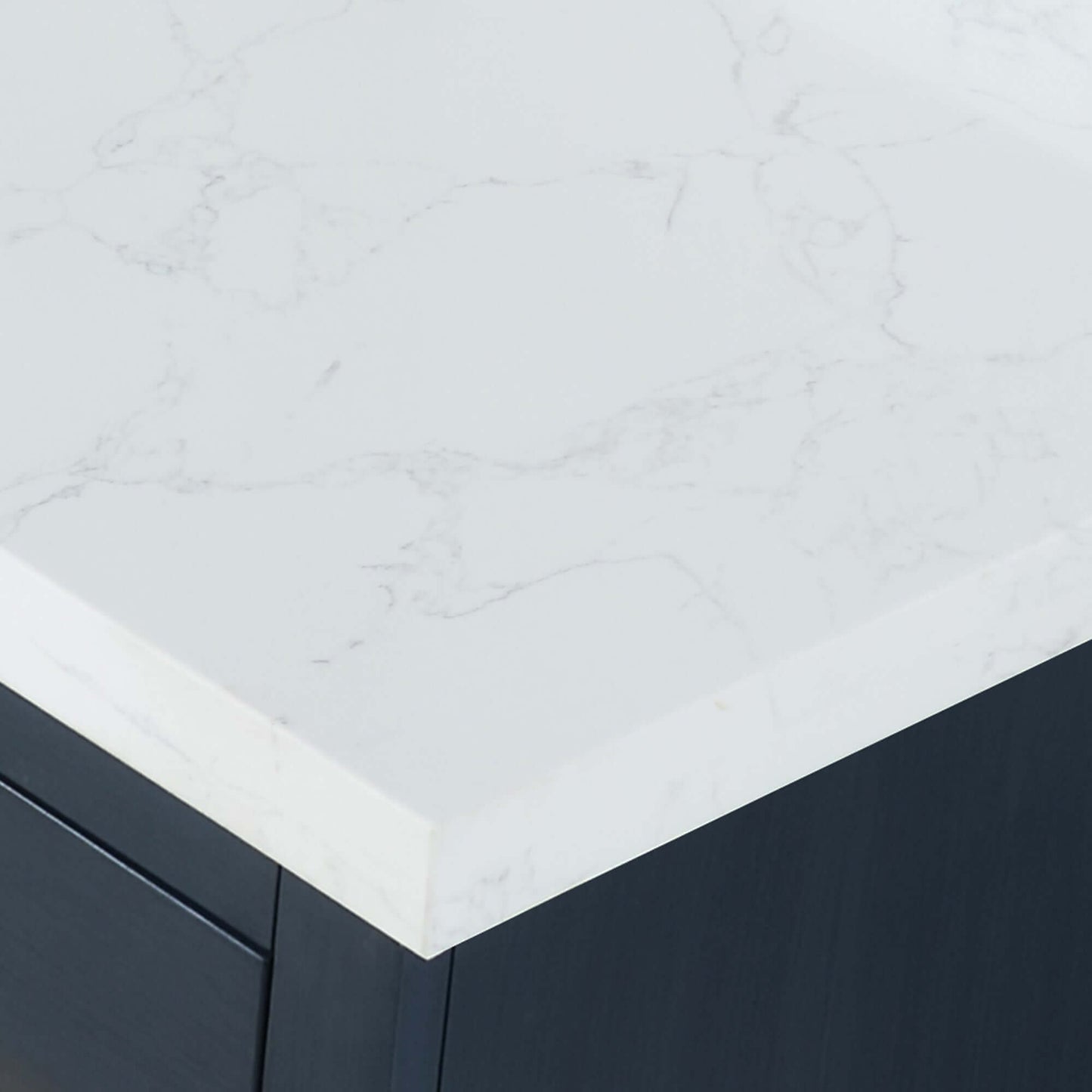 Close-up view of the engineered stone top on the Altair Gazsi 84" double basin vanity.