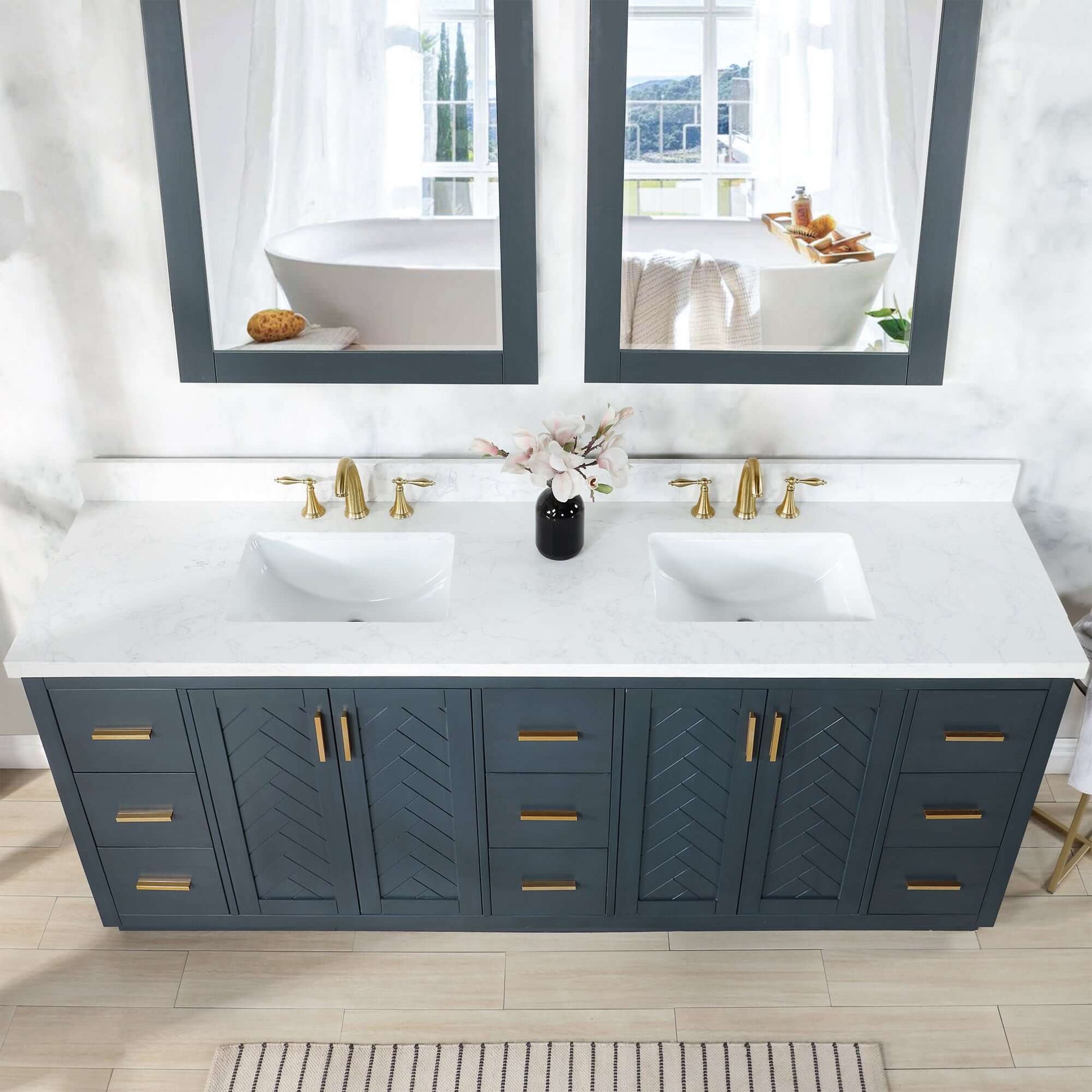 Altair Gazsi 84 Free Standing Double Basin Vanity with Solid Wood Cabinet and Engineered Stone Top