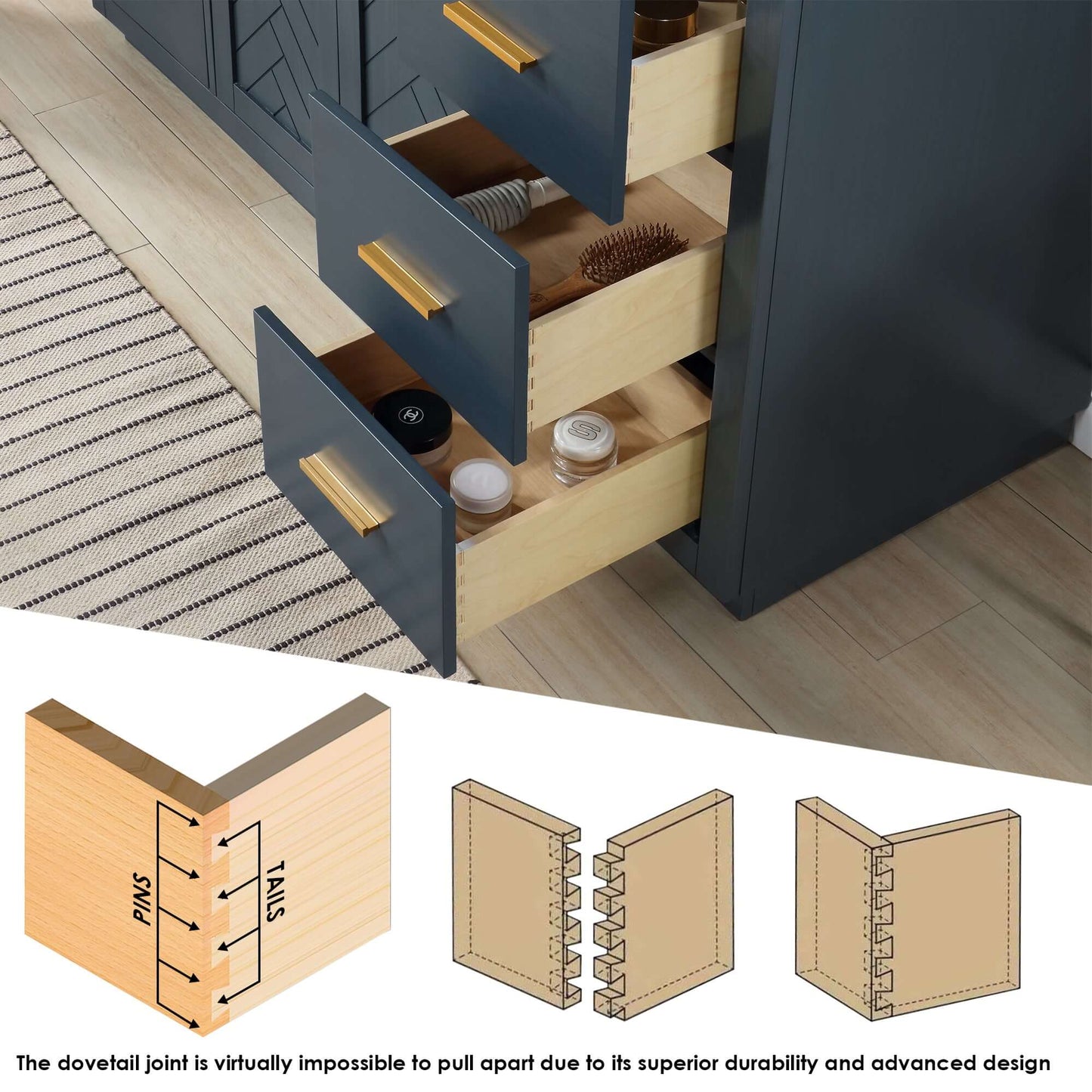 Altair Gazsi 84 double basin vanity drawer detail showcasing solid wood construction and dovetail joint design.