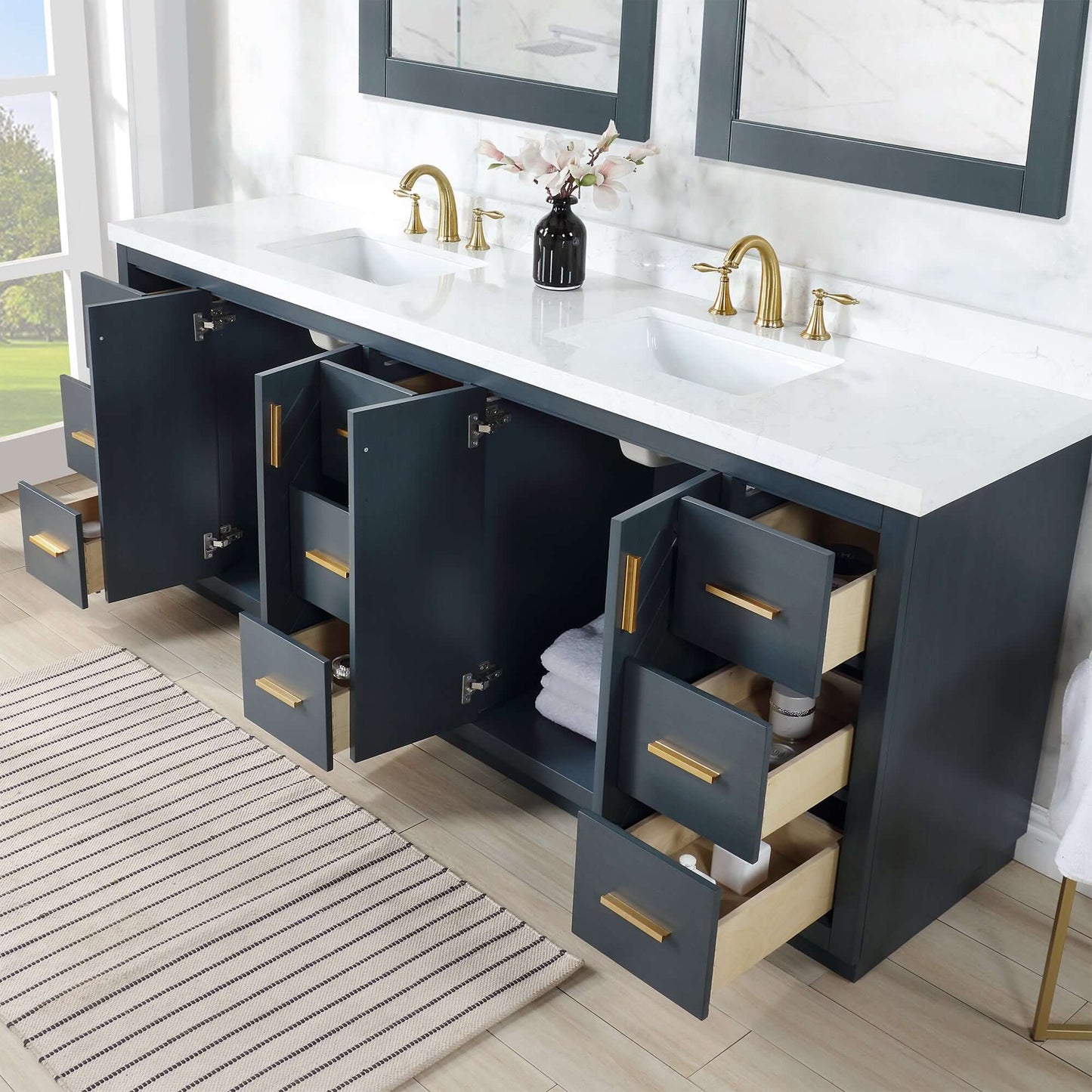 Altair Gazsi 84" Free Standing Double Basin Vanity with Solid Wood Cabinet and Engineered Stone Top