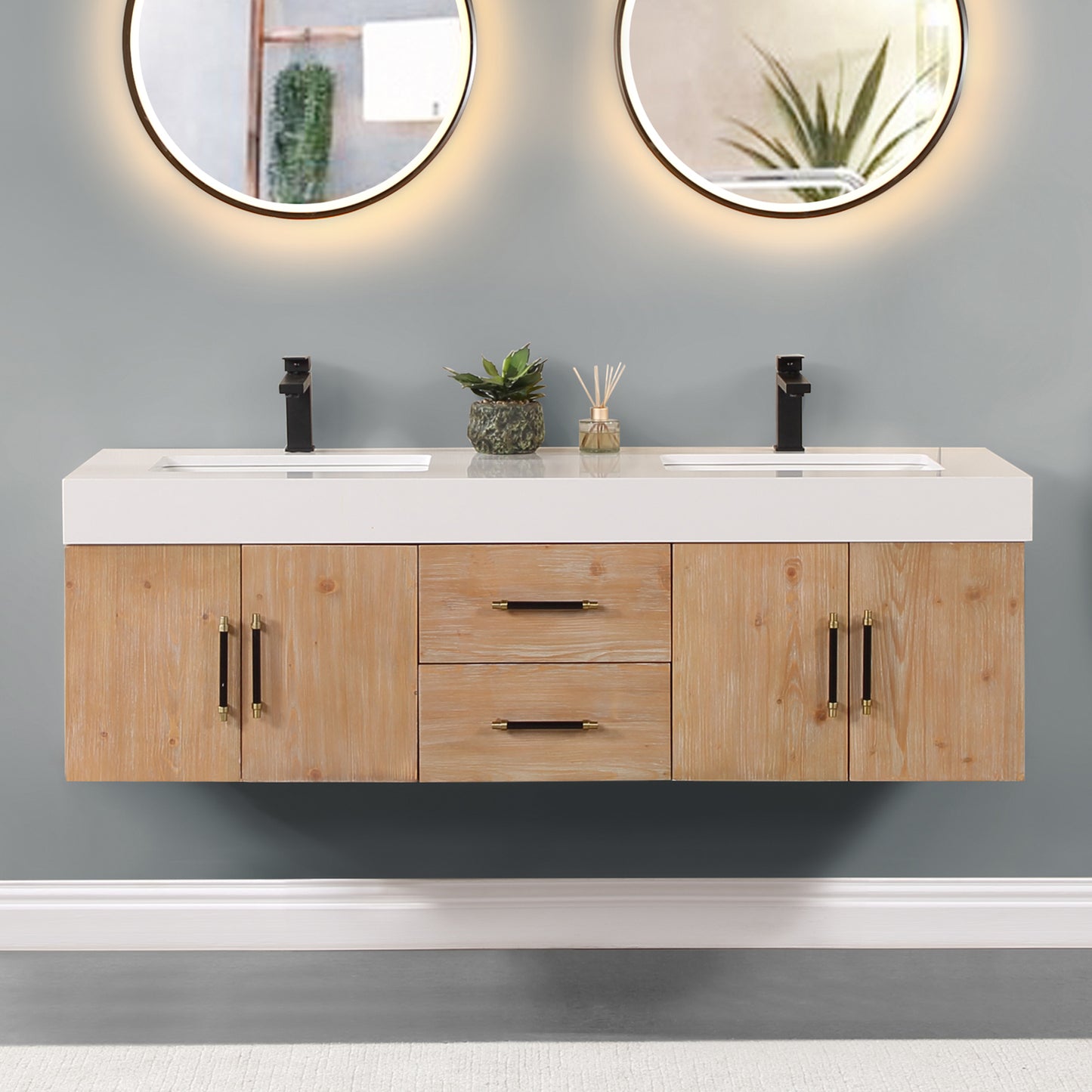 Corchia 60" Wall-mounted Double Bathroom Vanity in Light Brown with White Composite Stone Countertop