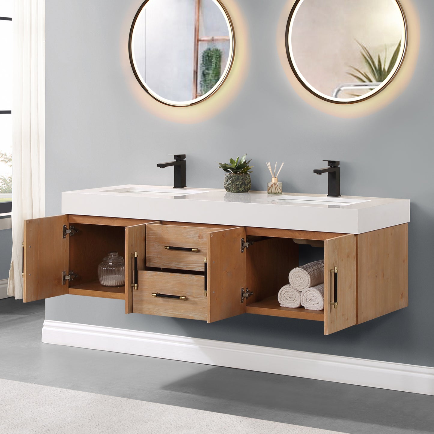 Corchia 60" Wall-mounted Double Bathroom Vanity in Light Brown with White Composite Stone Countertop