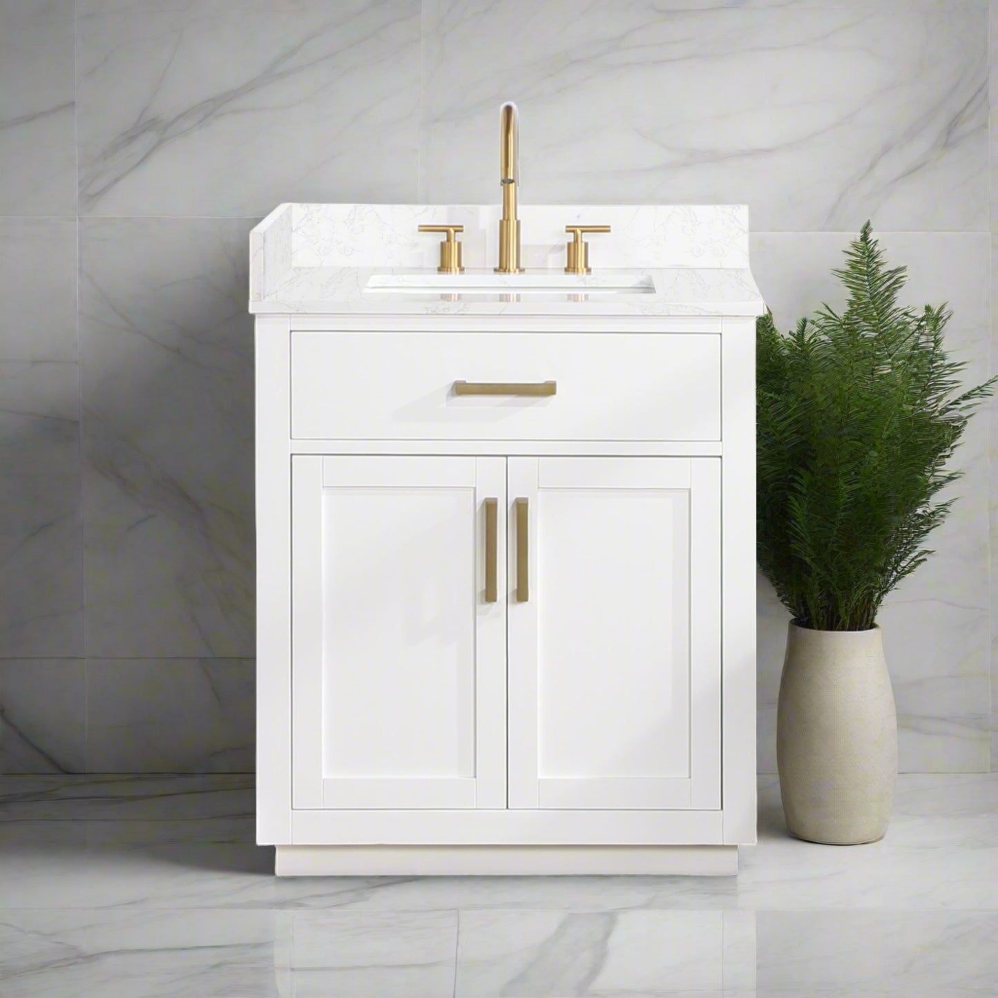 Gavino 30" Single Bathroom Vanity with Single Ceramic Sink, Grain White Composite Stone Countertop with Mirror